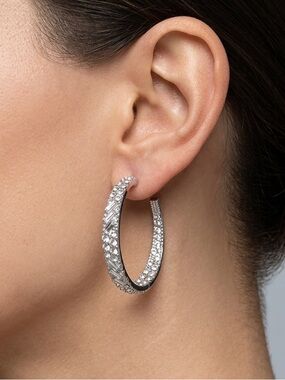 Chunky Rhinestone Hoop Earrings | Silver Baguette Crystal Hoops